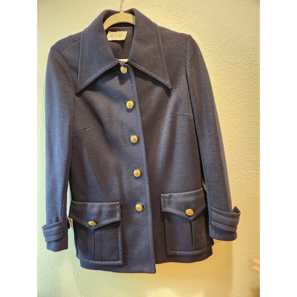 Vintage Butte Knit 70s Navy Blazer Petite 12 Wide Collar Gold Crest Buttons‎
